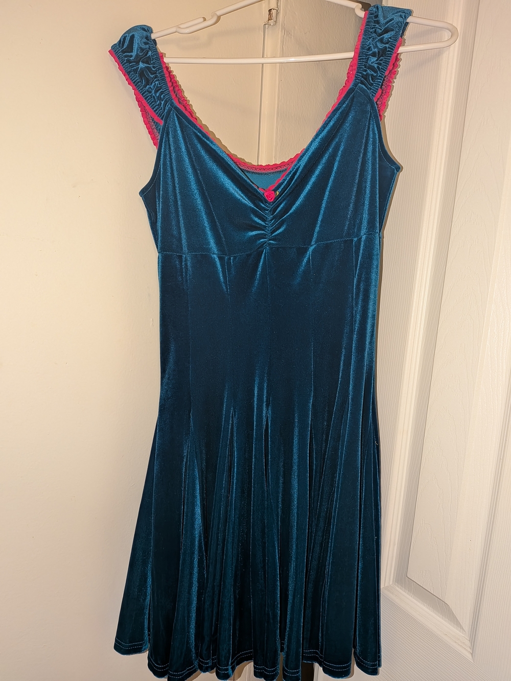 Teal Velvet Fit-and-Flare Dress with Pink Trim